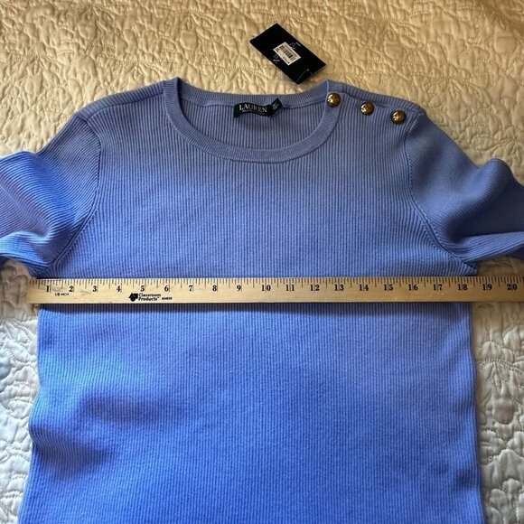 NWT Lauren Ralph Lauren Sweater Sz L Light Blue Ribbed Knit Gold Tone Button - Picture 9 of 12